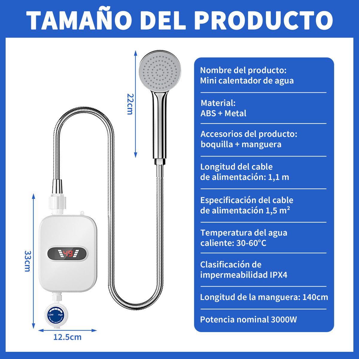 Calentador de Agua Instantáneo con Ajuste de Ducha